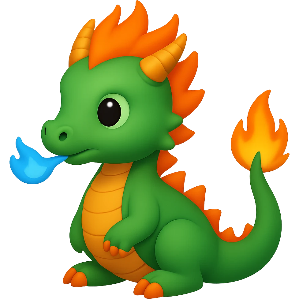 Make the baby dragon breathing a tiny flame blue in the style of Apple emojis with no background. Preserve the original Apple emoji style and details. emoji