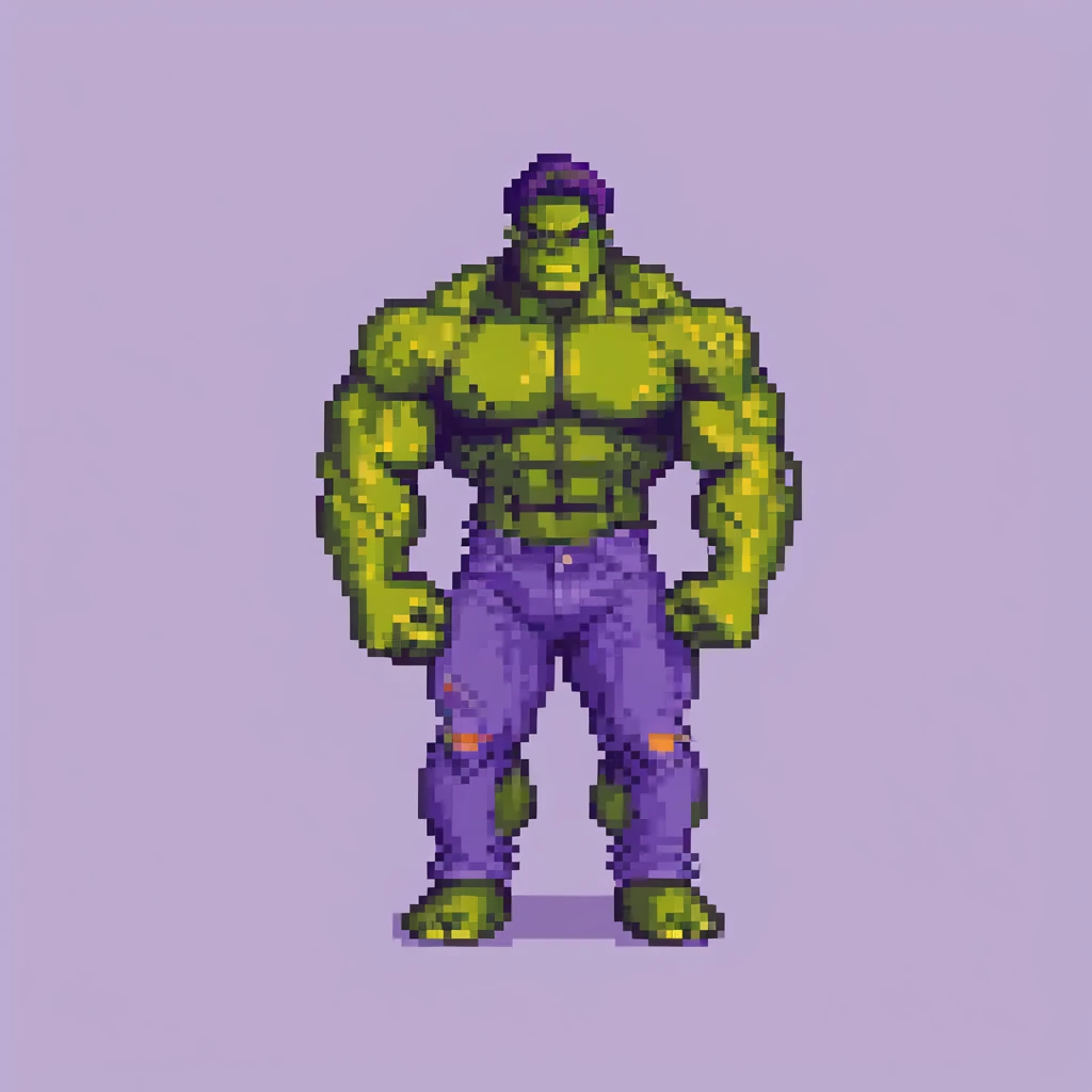 Pixel art Hulk flexing muscles, classic purple pants, retro video game look emoji