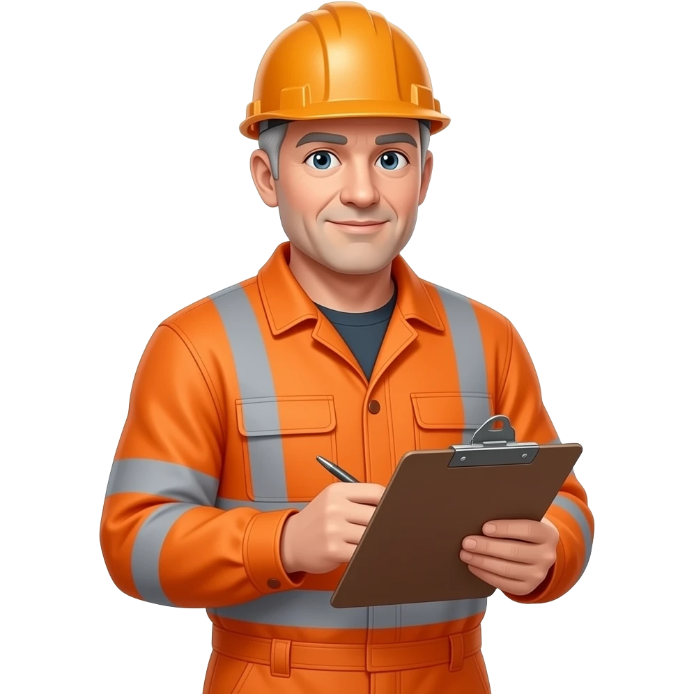 older enginger standing full hi vis orange overalls with sleeves, no hard hat, looking at a clipboard emoji