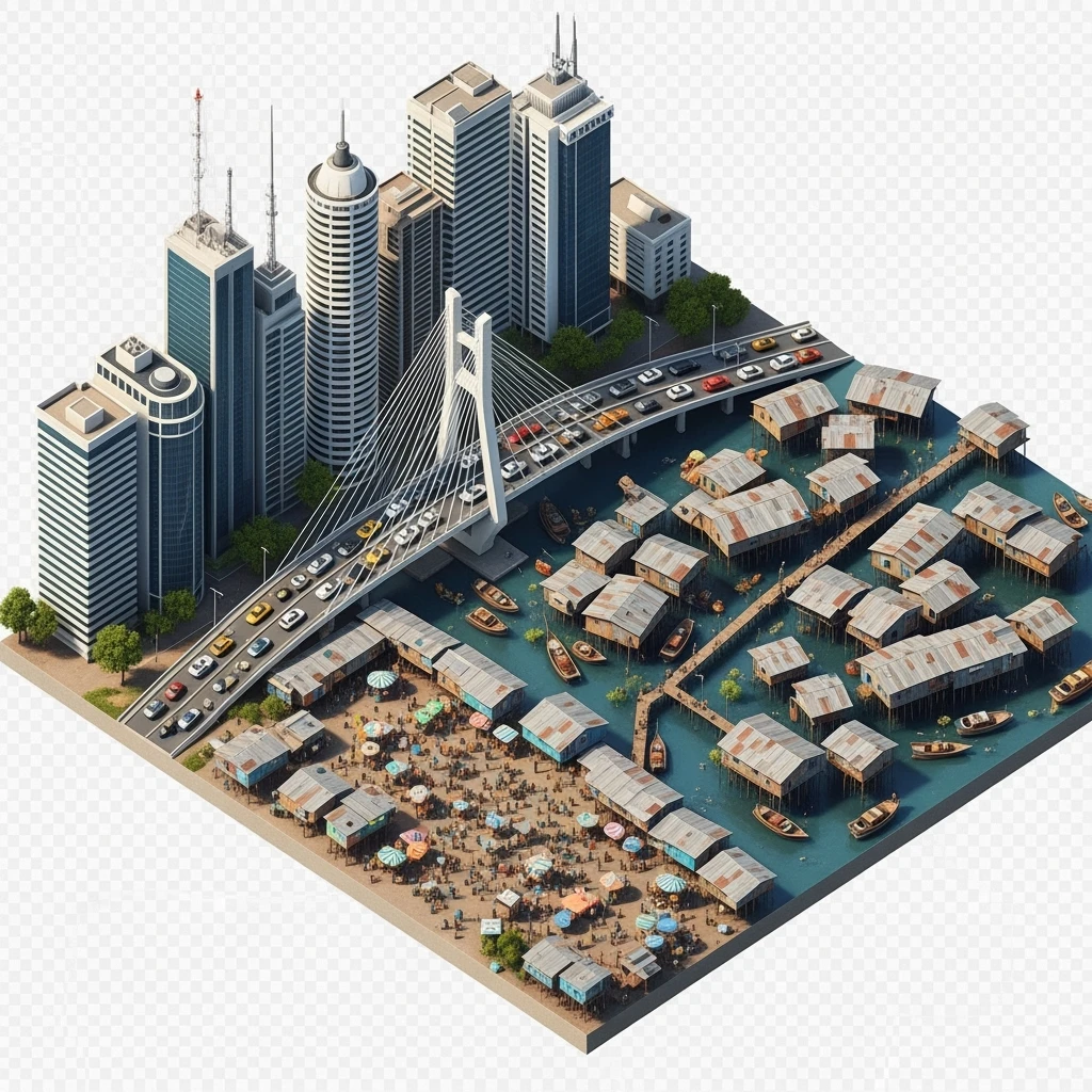 Isometric miniature of Lagos Lekki-Ikoyi Bridge, Eko Atlantic skyscrapers, Makoko slums, tin-roof shacks, chaotic markets, gridlocked traffic, 3D miniature effect and Tilt Shift effect, no cartoonish look, transparent background, don't cut angles emoji