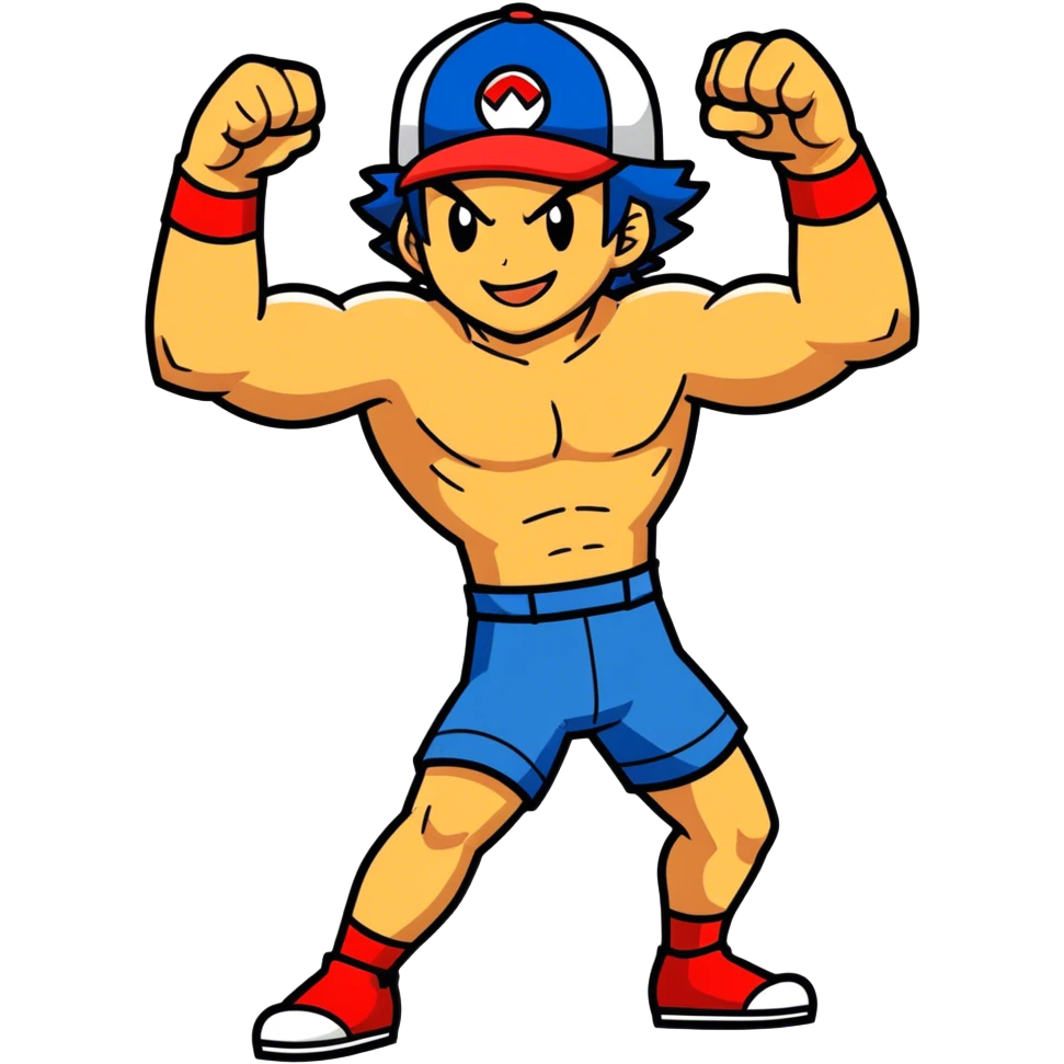 Hot handsomeb muscular 6ft 5inch tall smiling happy fun shirtless Ash Ketchum and friends, one fist raised in celebration the other hand on the front of  his thigh emoji