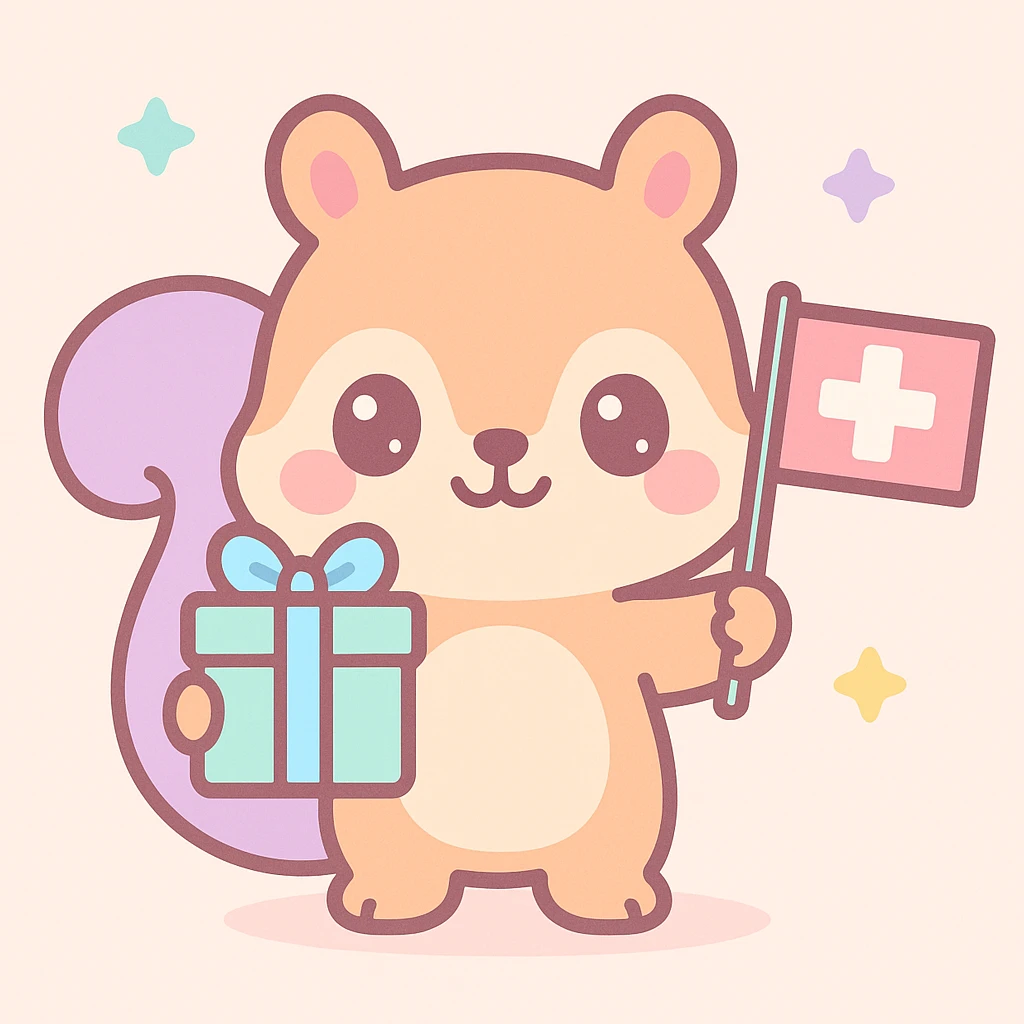 squirrel holding a gift in one hand and a Swiss flag in the other, kawaii style emoji