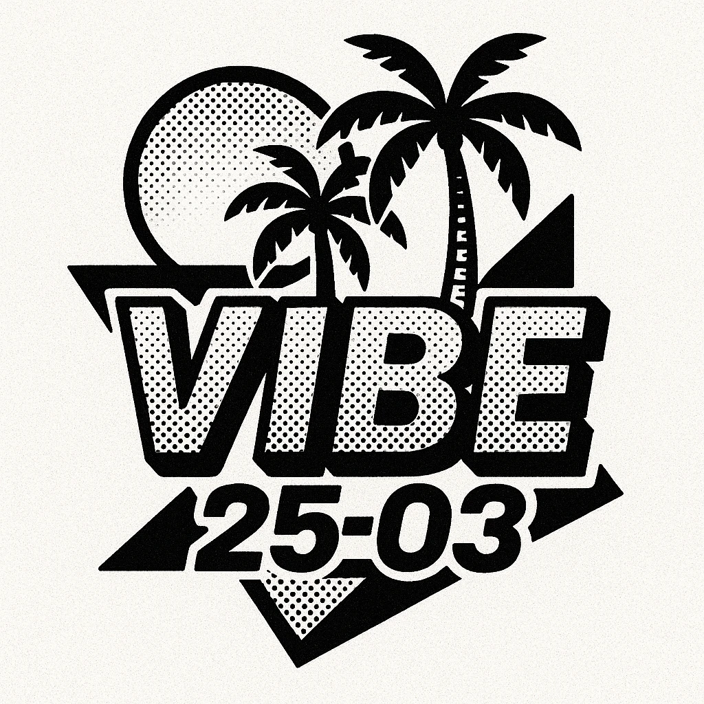 logo for VIBE25-03, black and white, 80's summer feel, retro style, palm trees, sun, geometric shapes, playful yet classic emoji