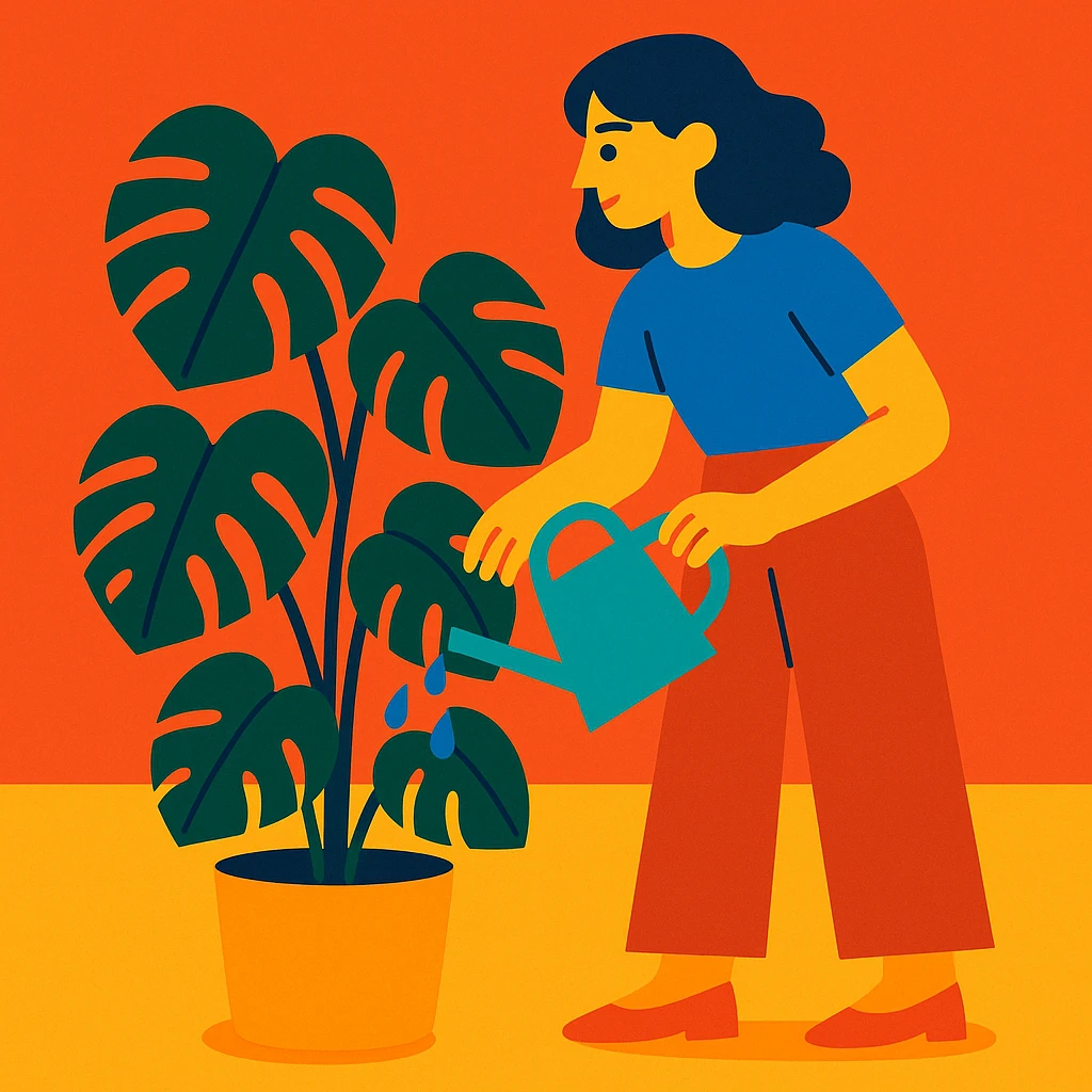 woman watering her monstera plant emoji