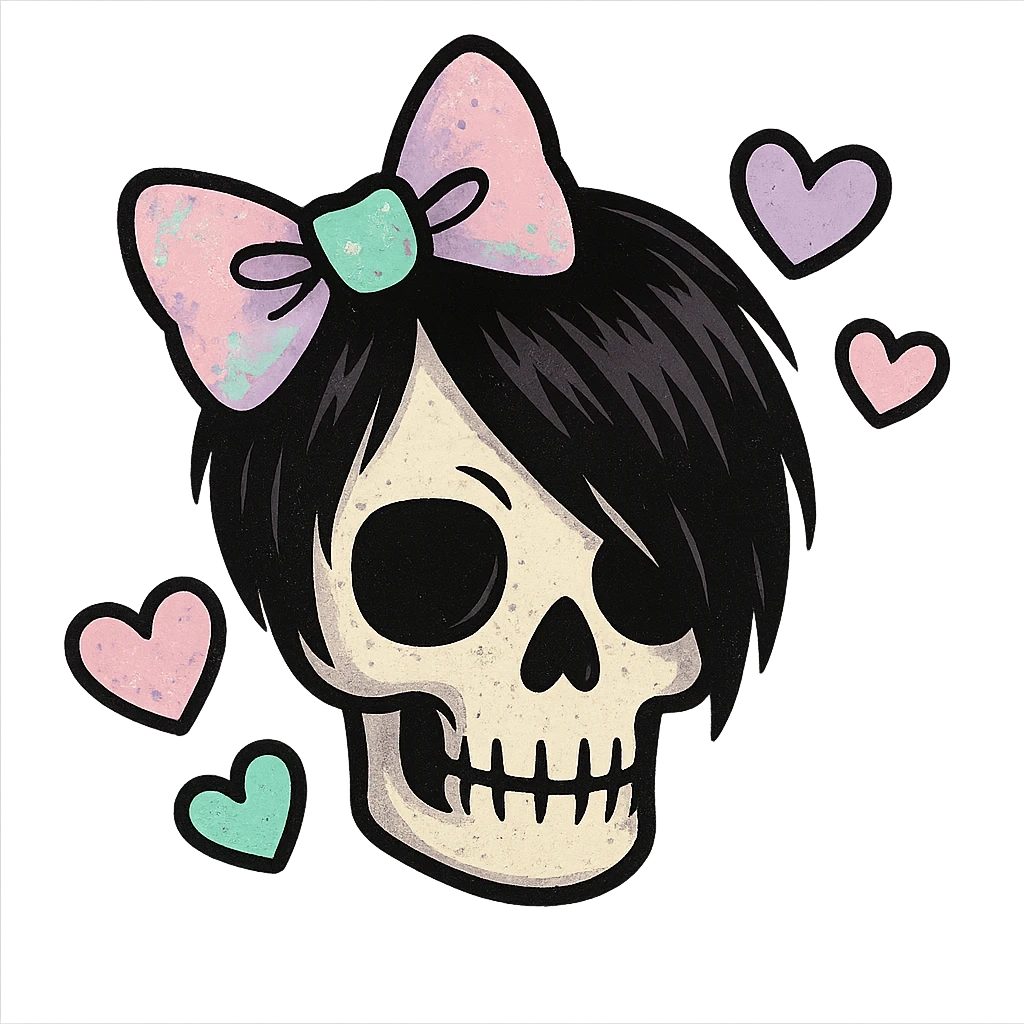 emo skull with pastel bow and hearts emoji
