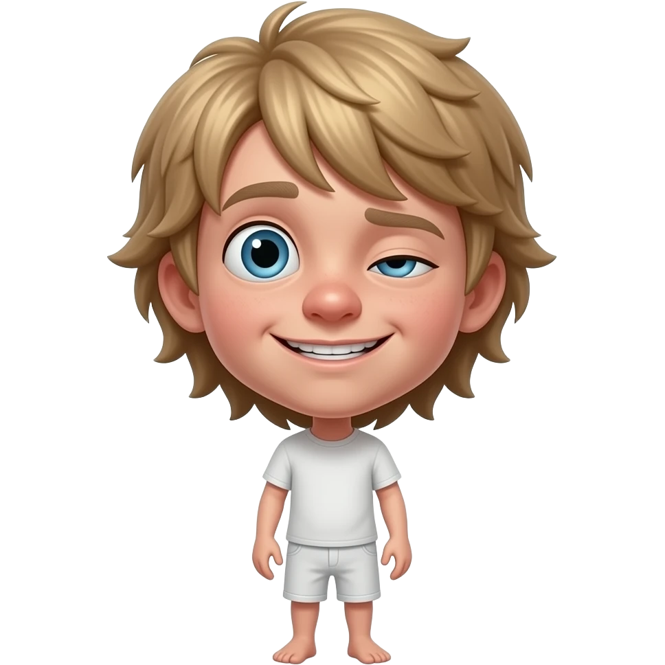 full body super long neck super skinny a short white boy kid with meidonm long dirt blond hair and he has buck teeth and has a stupid exsprsion on he's face and one of his eyes are on top and one is o n the bottom of his sides on his face and he has a huge nose emoji