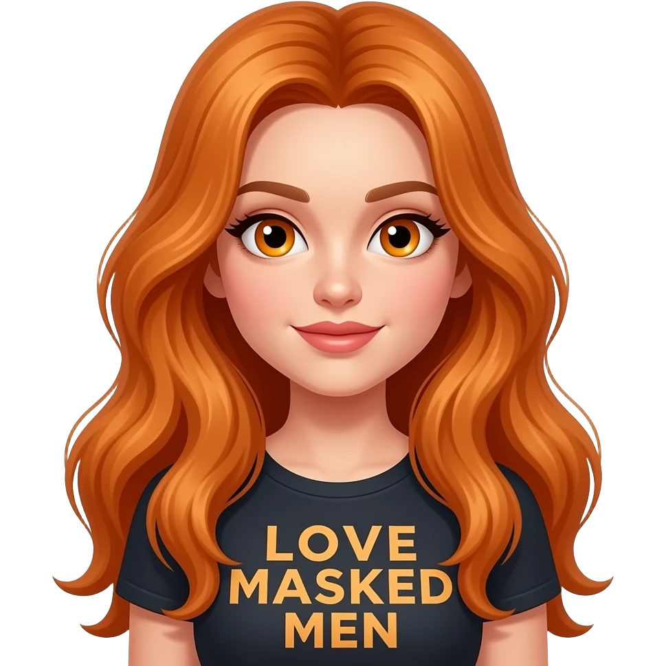 sexy girl with overlong ginger hair and ginger eyes wearing a top with LOVE MASKED MEN written on it emoji