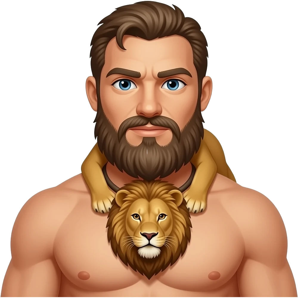 Hercules face with beard, facing, having tied lion on his neck, naked emoji