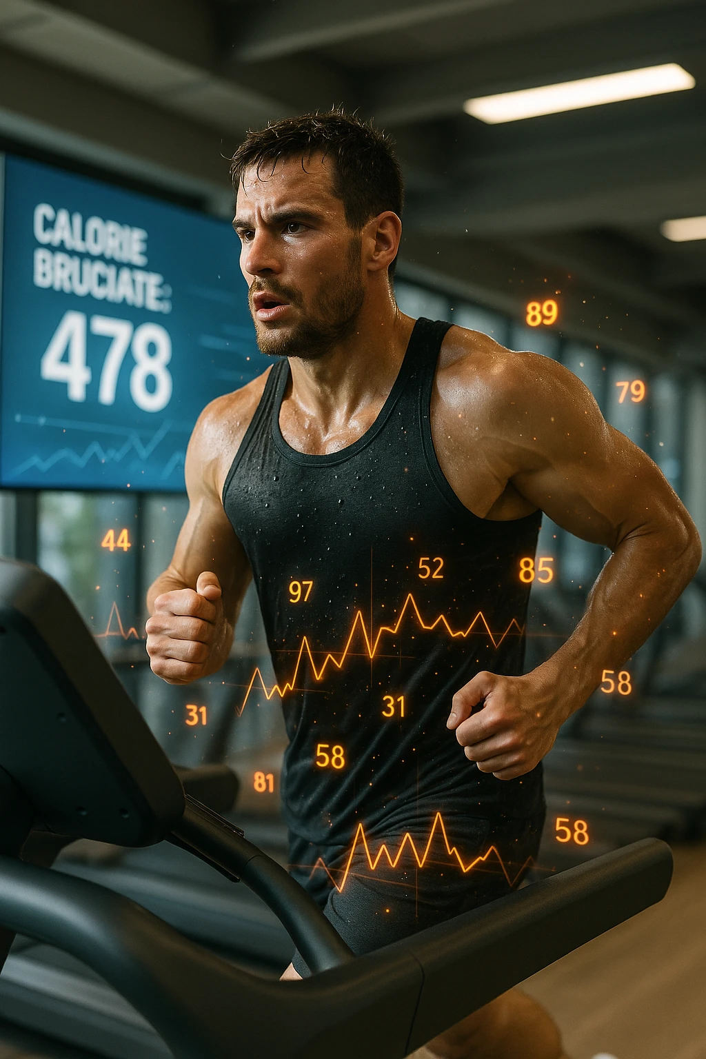 Uomo atletico su tapis roulant in palestra, visibilmente sudato, in piena corsa. Sullo sfondo uno schermo digitale che mostra 'Calorie bruciate: 478'. Intorno al corpo dell’uomo si vedono numeri fluttuanti e grafici energetici, come se si stessero misurando in tempo reale le calorie consumate. Atmosfera dinamica, luce intensa da palestra, sensazione di movimento e impegno. IN ITALIANO emoji