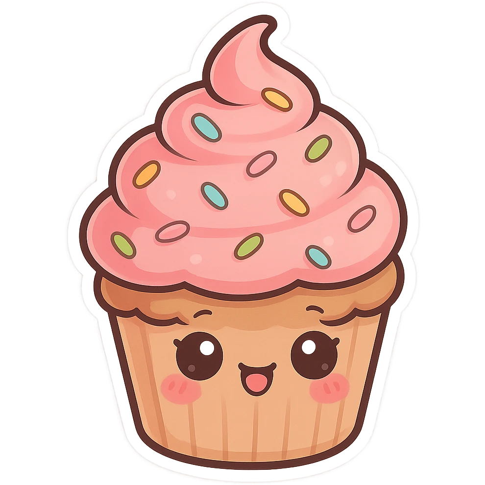 chibi sticker-style cupcake with pink frosting and sprinkles, girly, cute and exaggerated emoji