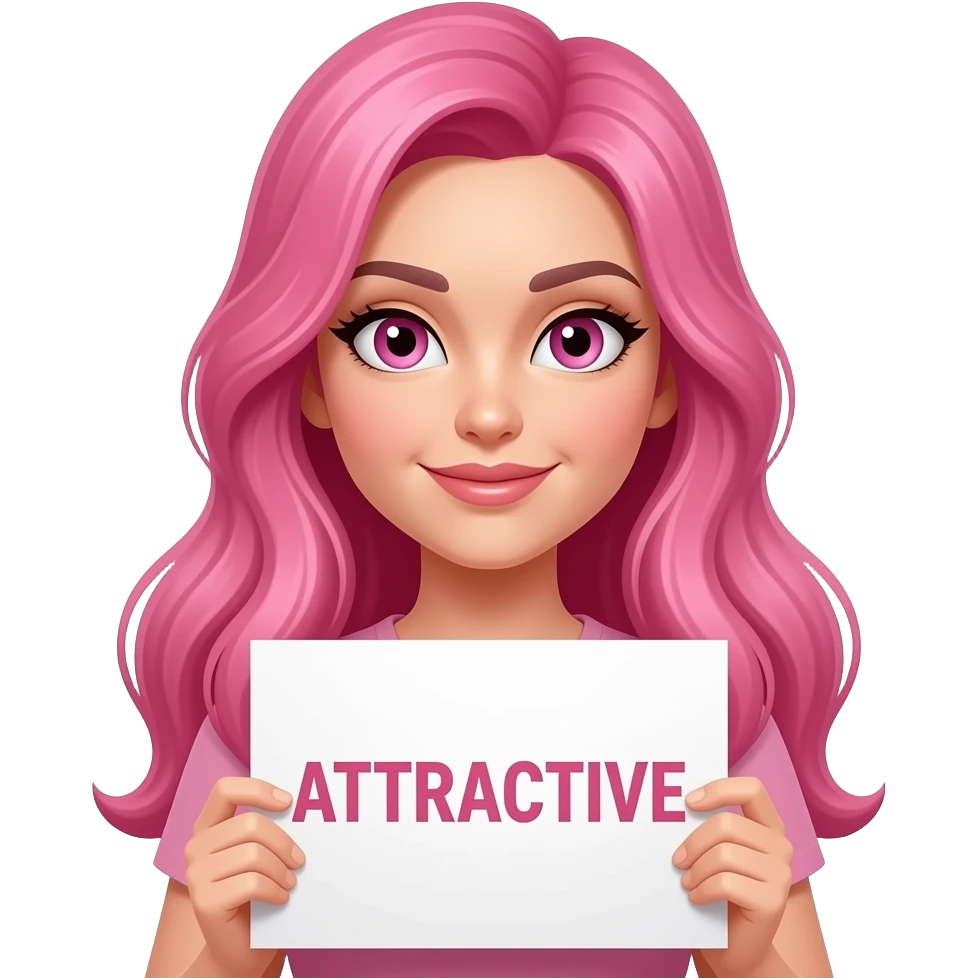sexy girl with long pink hair and pink eyes wearing a holding a ATTRACTIVE sign emoji