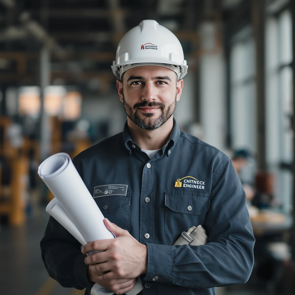 portrait of a professional engineer wearing a helmet and holding blueprints, simple background emoji