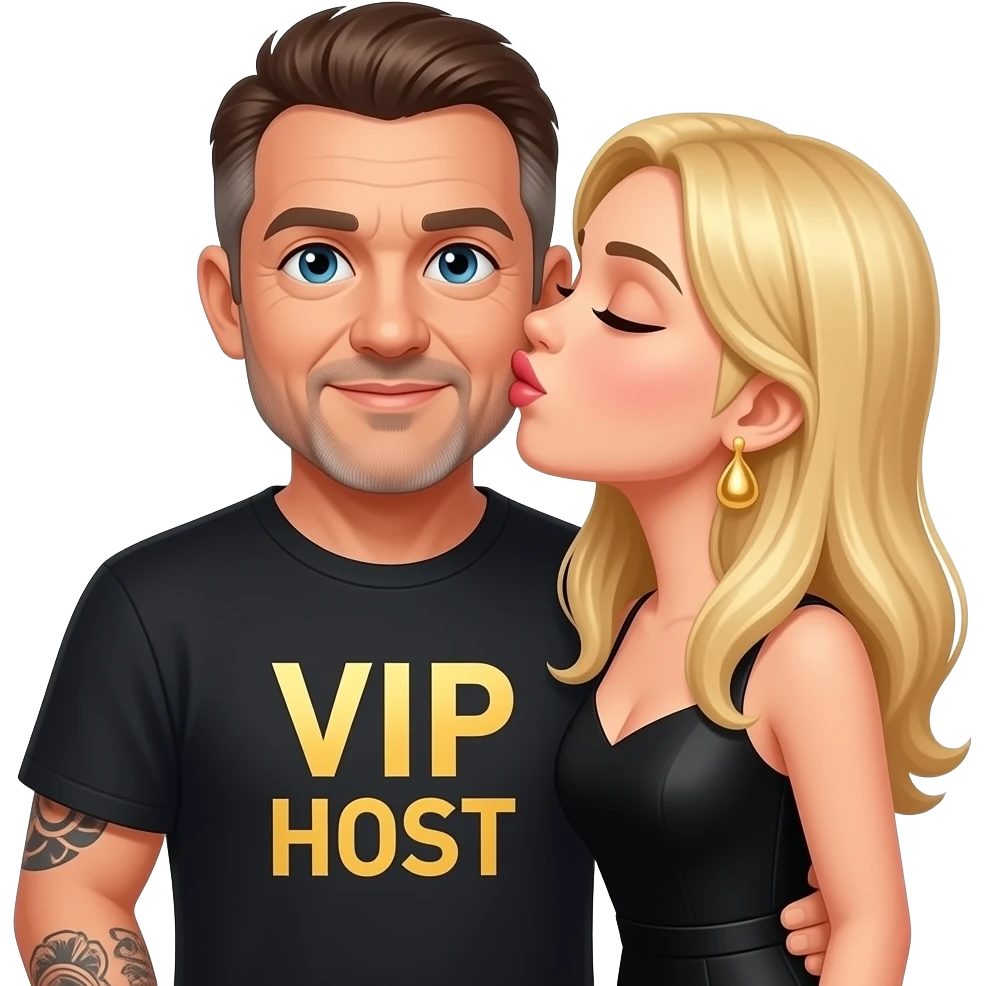 older man with brown hair no facial hair with tattoo on arm shirt says VIP HOST with blonde girl in black dress kissing his cheek emoji