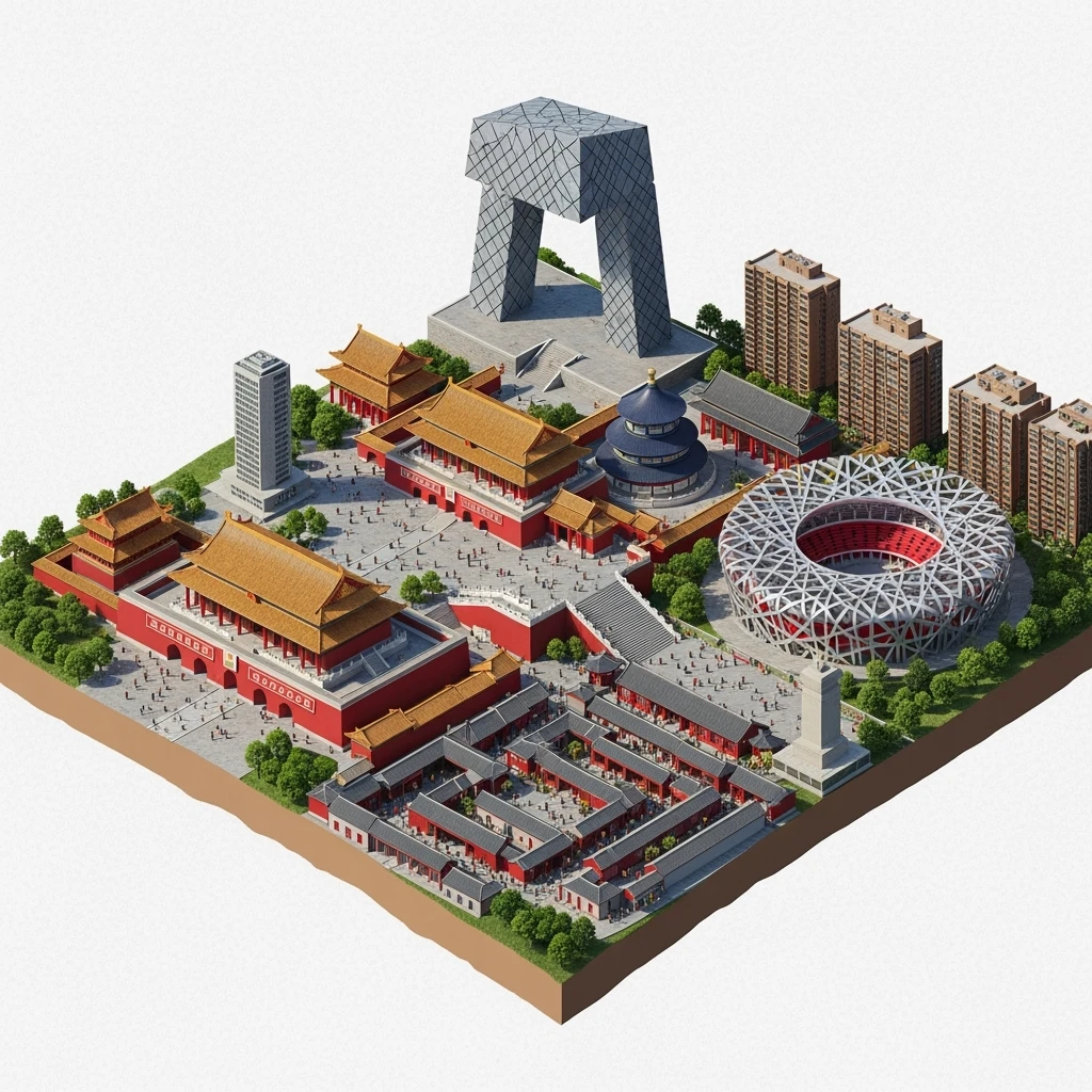 Isometric miniature of Beijing Forbidden City, Tiananmen Square, CCTV Headquarters, Temple of Heaven, Bird’s Nest Stadium and crowded hutong alleys, sprawling apartment blocks, 3D miniature effect and Tilt Shift effect, no cartoonish look, transparent background. emoji