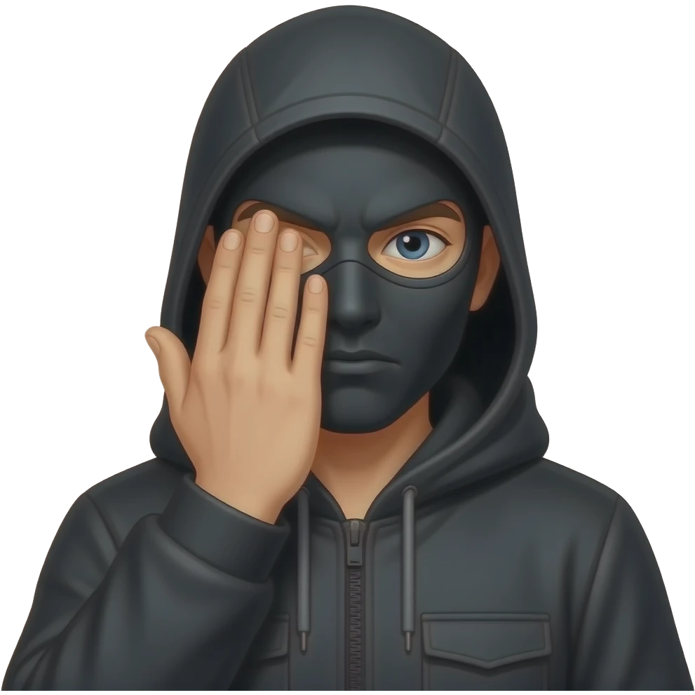 Homem vestido com máscara de hacker de preto tampando a cara com uma mao, com a mão no meio da cara emoji