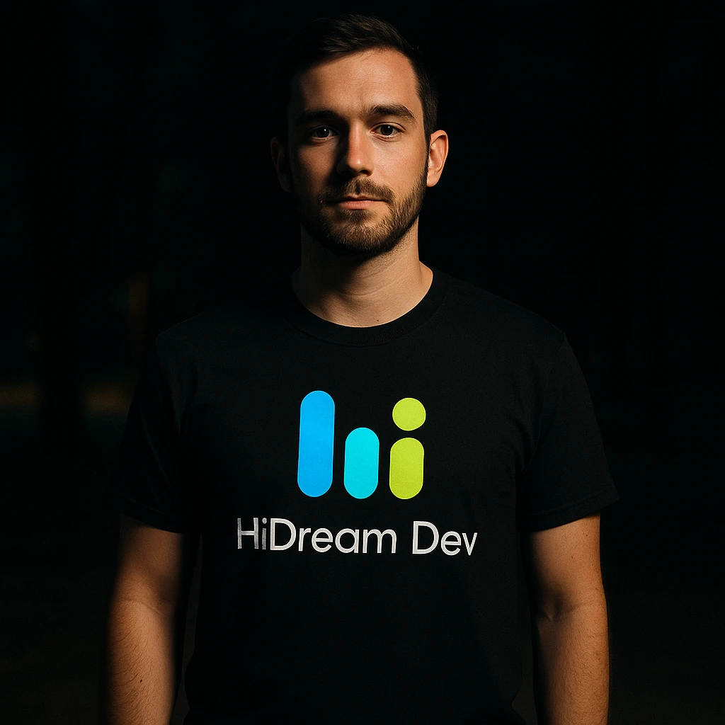 man wearing tshirt with this logo, dark night background with dim  emoji