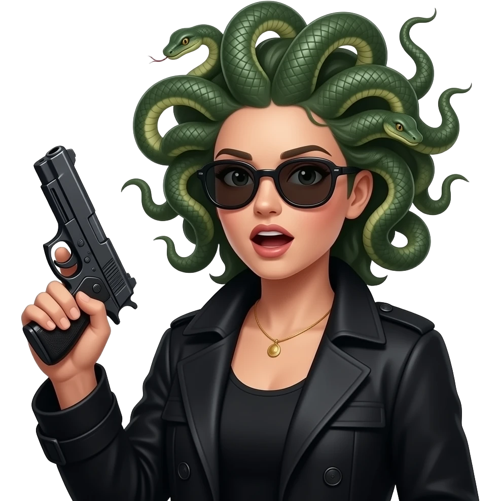Surprised beautiful female Medusa in black coat with sunglasses holding gun emoji