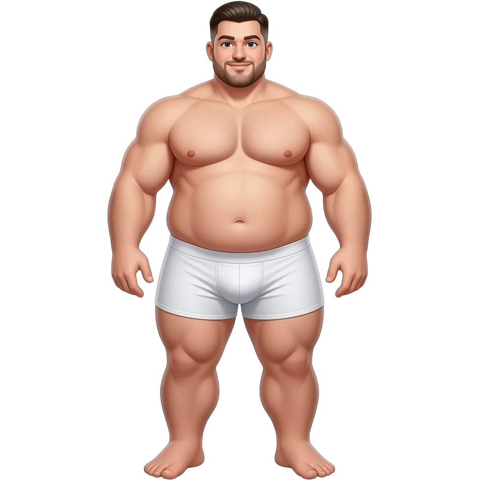 Strong very tall very wide ultra very very fat teen, gigantic big dick, cool hairstyle, cool fade, gigantic dick, large feet, giant penis, full body, fat, in white boxers that make his gigantic thighs and cock look bigger, fat tits emoji