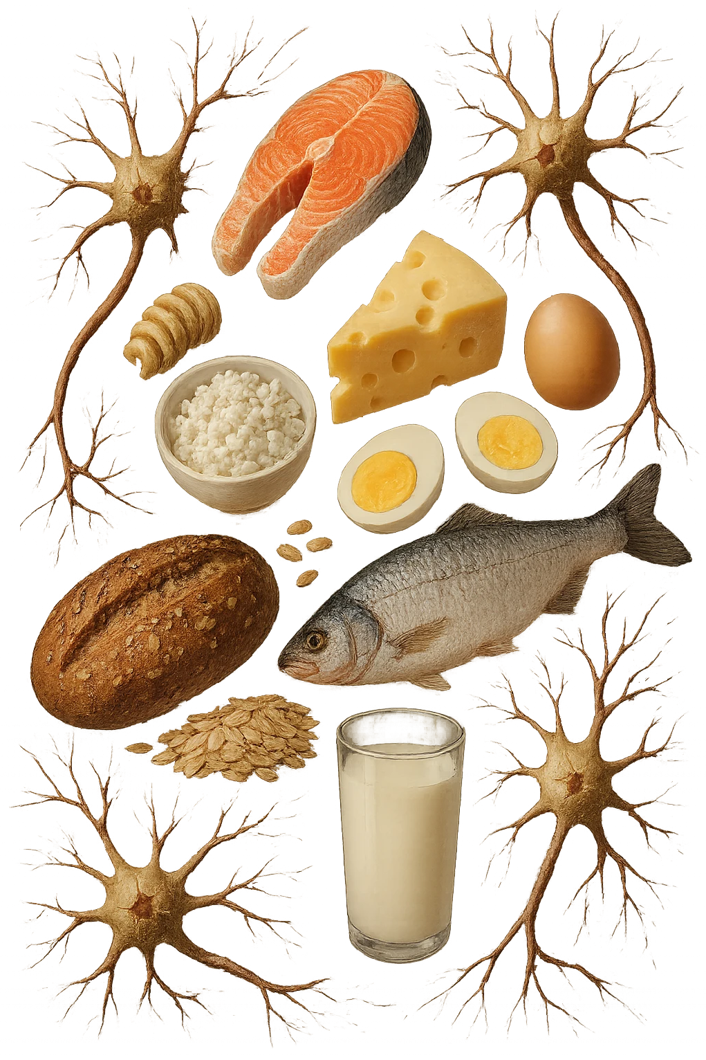 carne, pesce, uova, latticini, cereali integrali fluttuano in aria insieme a neuroni umani anatomici realistici, iperrealistici 4k emoji