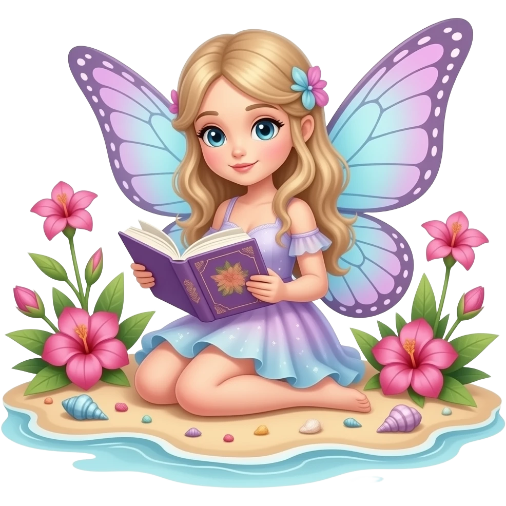 Beautiful fairy with butterfly wings reading a book on the beach, surrounded by pink tropical flowers, seashells, and soft pastel fantasy details Beautiful fairy with butterfly wings reading a book on the beach, surrounded by pink tropical flowers, seashells, and soft pastel fantasy details emoji