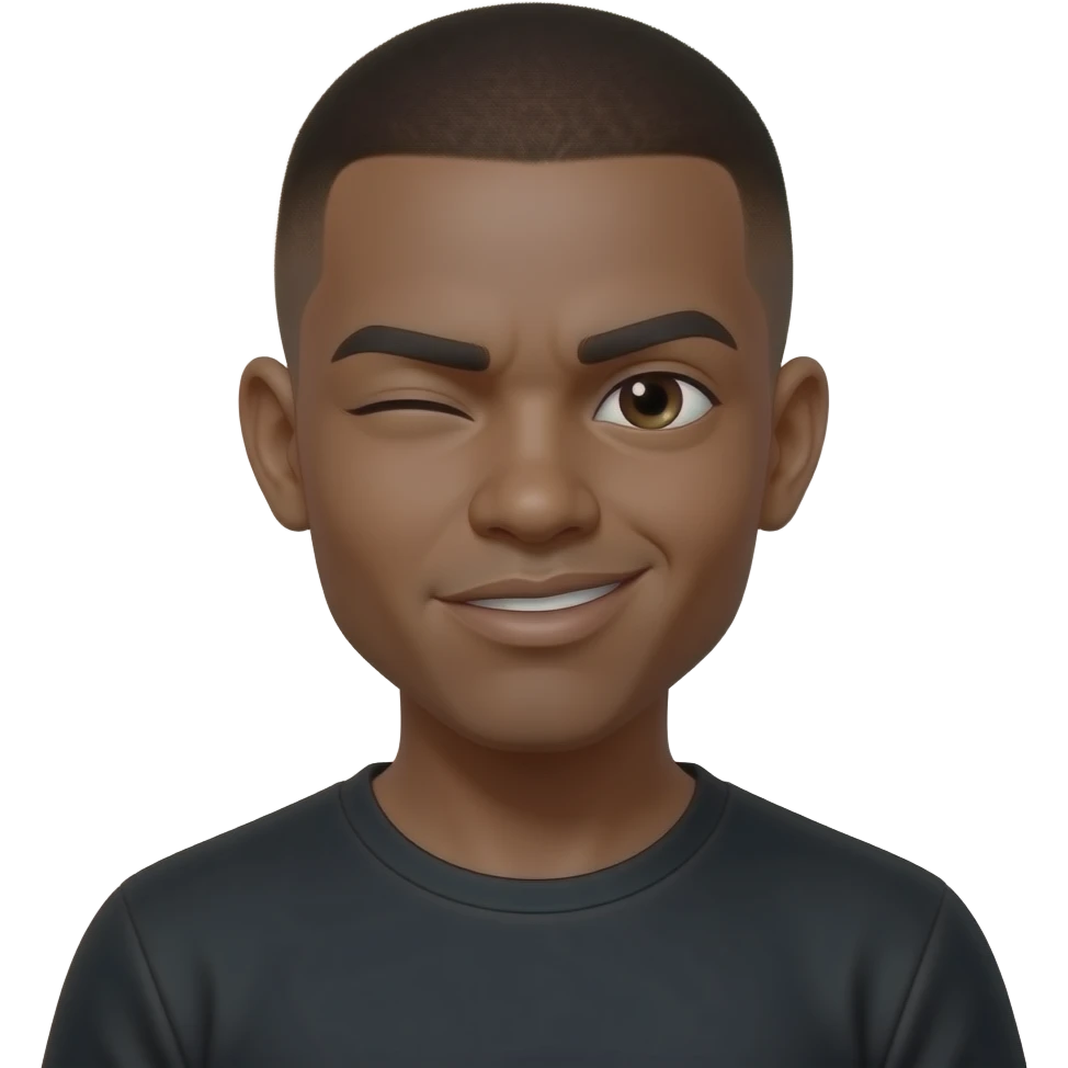make him but black and a low taper fade in his 20’s in a all black t shirt with his eyes glowing and he is biting his lips winking emoji