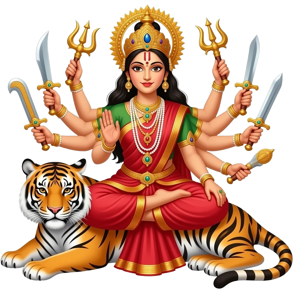 One lady on red saree with four hand she have for hand he have a many jewelleries and crown golden and many weapons Indian Hindu weapon setting on tiger emoji