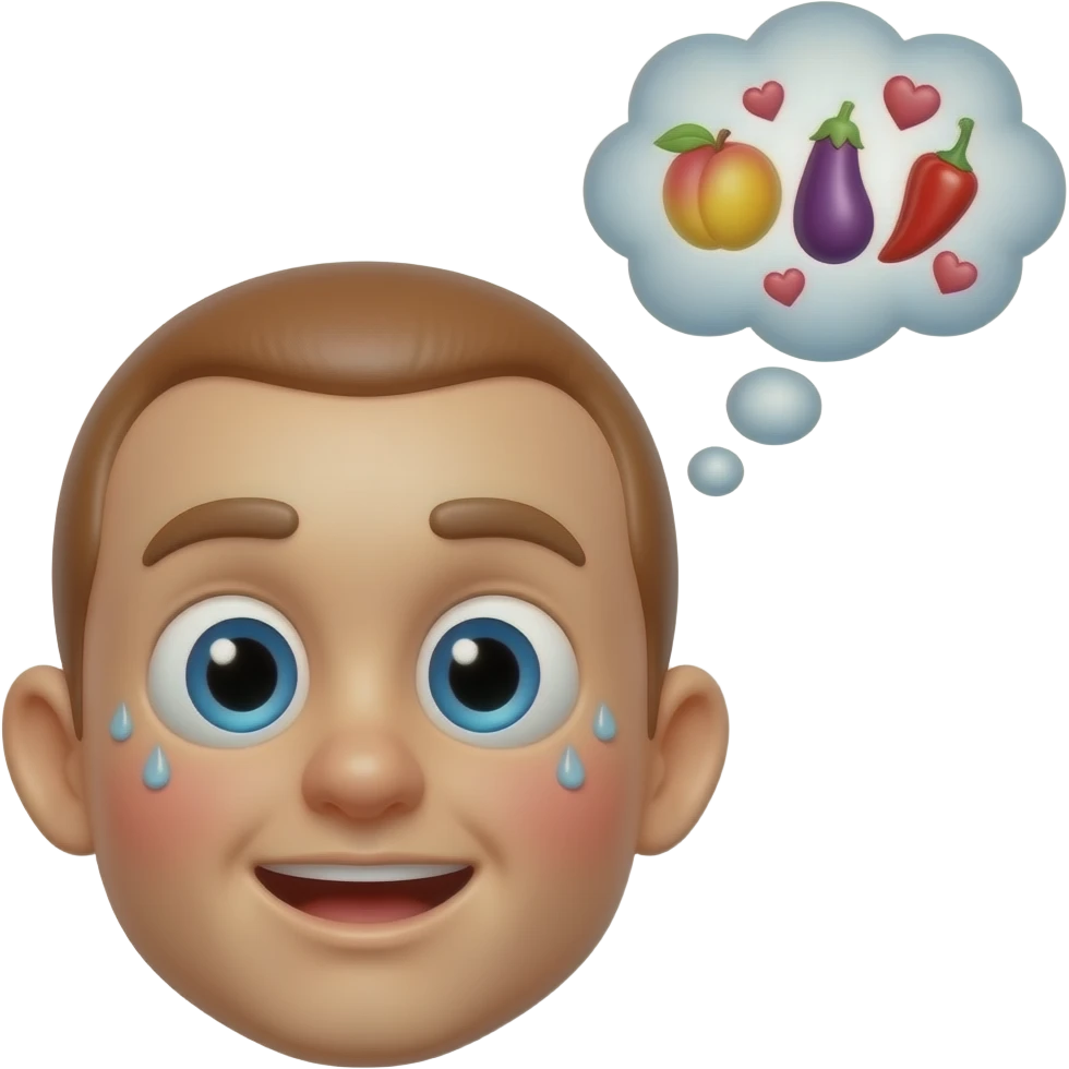 A glossy 3D emoji face caught in a naughty thought, wide eyes, red cheeks, sweat drops, thought bubble with peach, eggplant, chili pepper and hearts, dirty-minded meme sticker vibe, clean transparent background, soft shadow, high quality, no text, no watermark emoji