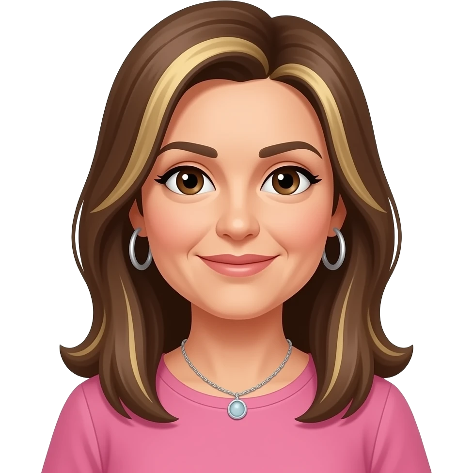 woman in 40s, italian looking with dark brown eyes, long straight brown hair to past the shoulders, with blonde highlights and side parting, all one length. Wearing  a pink top with hoop earrings and a necklace. emoji