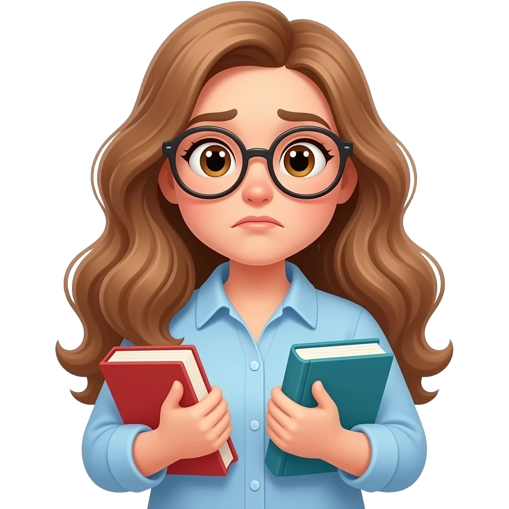 detailed emoji illustration of a curvy woman with long light brown wavy hair, light brown eyes and round glasses holding two books and looking confused, choosing her next read, cute emoji style emoji