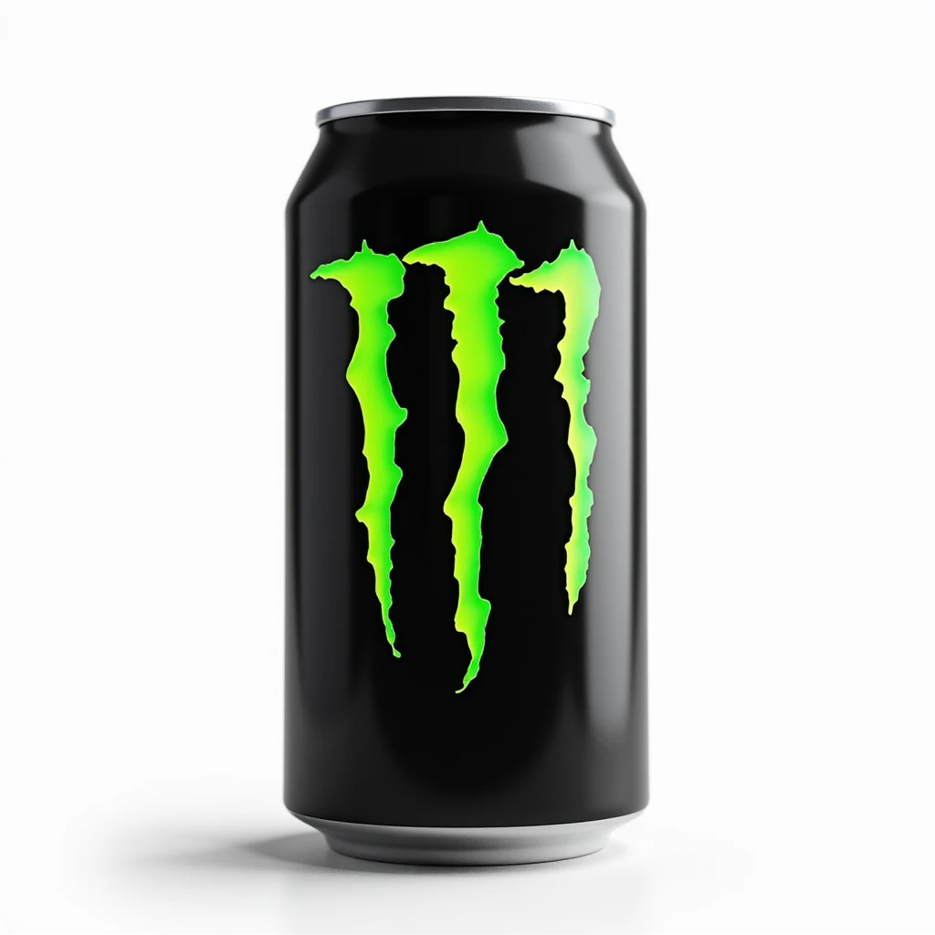 photorealistic open monster energy drink can with visible tab, neon green logo, on a white background emoji