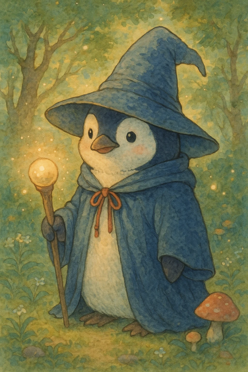 penguin wizard, detailed, soft colors, whimsical, magical atmosphere emoji