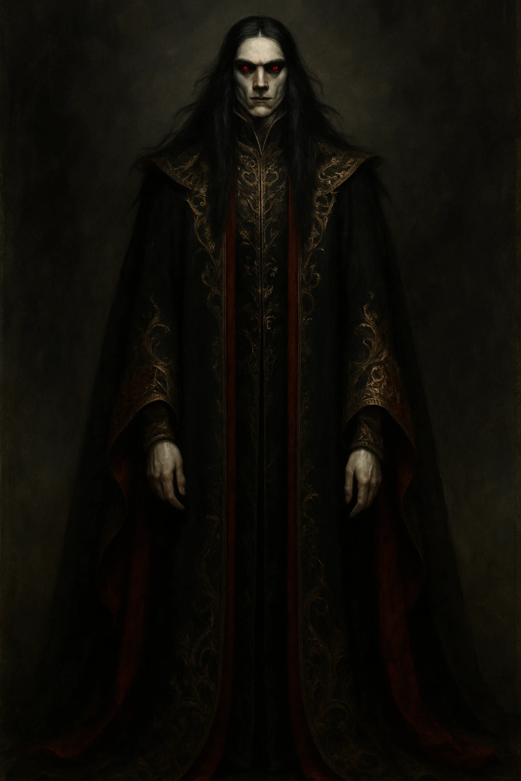 tall, imposing figure with long, flowing black hair and glowing red eyes. Wears a floor-length black and red cloak with gold embroidery. Pale skin, sharp features, and a cold, stoic expression. emoji