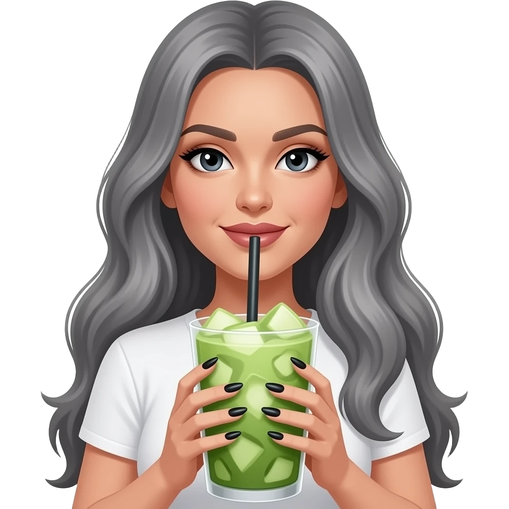 rich lady with black eyes, really long gray hair, black long nails, wearing a white tee and holding a large iced matcha emoji