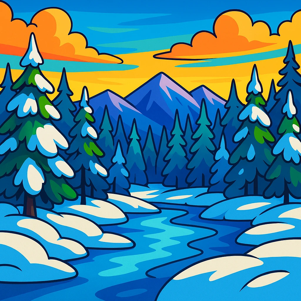 Siberia landscape, snowy forest, vibrant cartoon style emoji