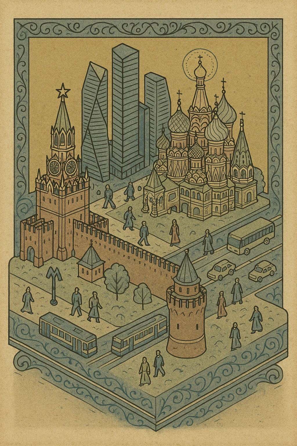 Изометричная миниатюрная 3D модель Москвы на подставке - фотореалистичный Кремль, собор Василия Блаженного, фотореалистичный Башни Москва-Сити, аккуратная детализация, яркие цвета, мультяшный реализм, гуляют люди и современный автотранспорт и метро, компактная композиция, вид сверху в изометрии emoji