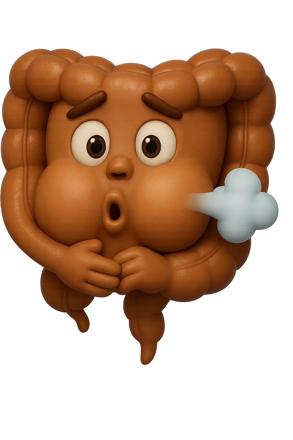 emoji stile iphone di un intestino che ingoia una nuvoletta di aria ben visibile e gli si gonfia la pancia, non fargli il naso, iperrealistico 4k emoji
