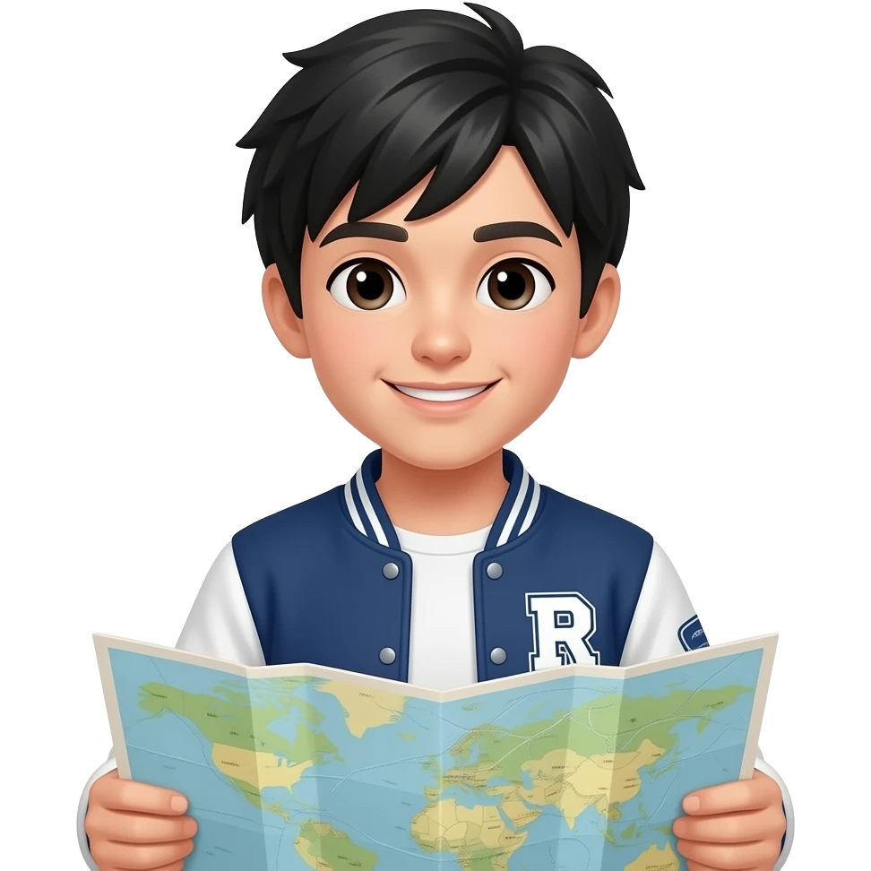 student , black hair , with varsity jacket. hold a map emoji