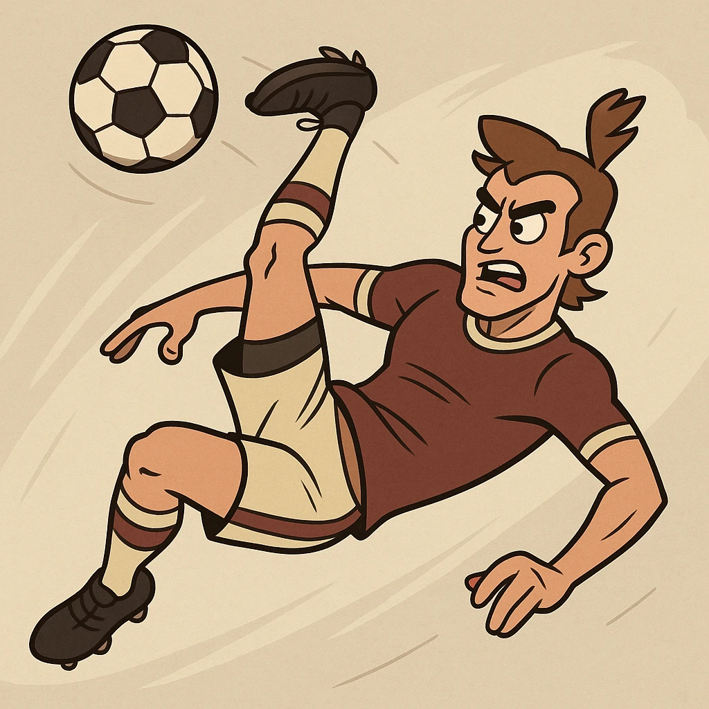 a soccer player in mid-air bicycle kick, striking a ball, dramatic movement, athletic form emoji