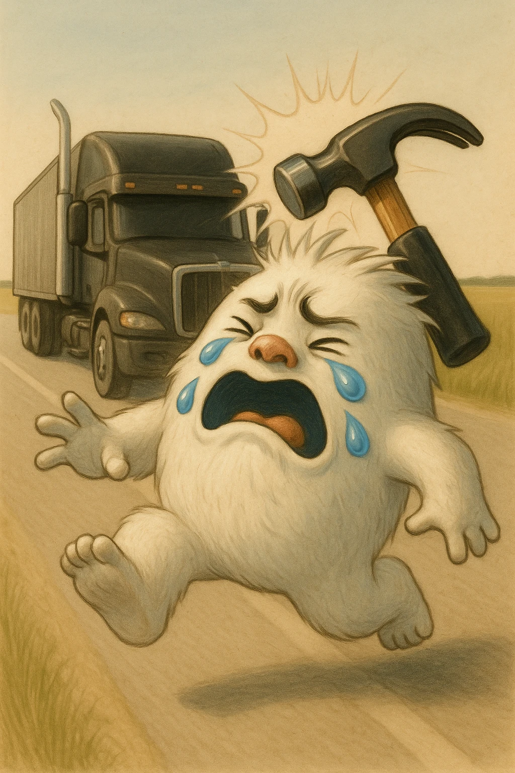 Make the semi truck a flattop with tall chrome stacks, keep the side view, truck far behind the abominable snowman, hammer actively hitting the snowman, light and realistic style, no text. emoji
