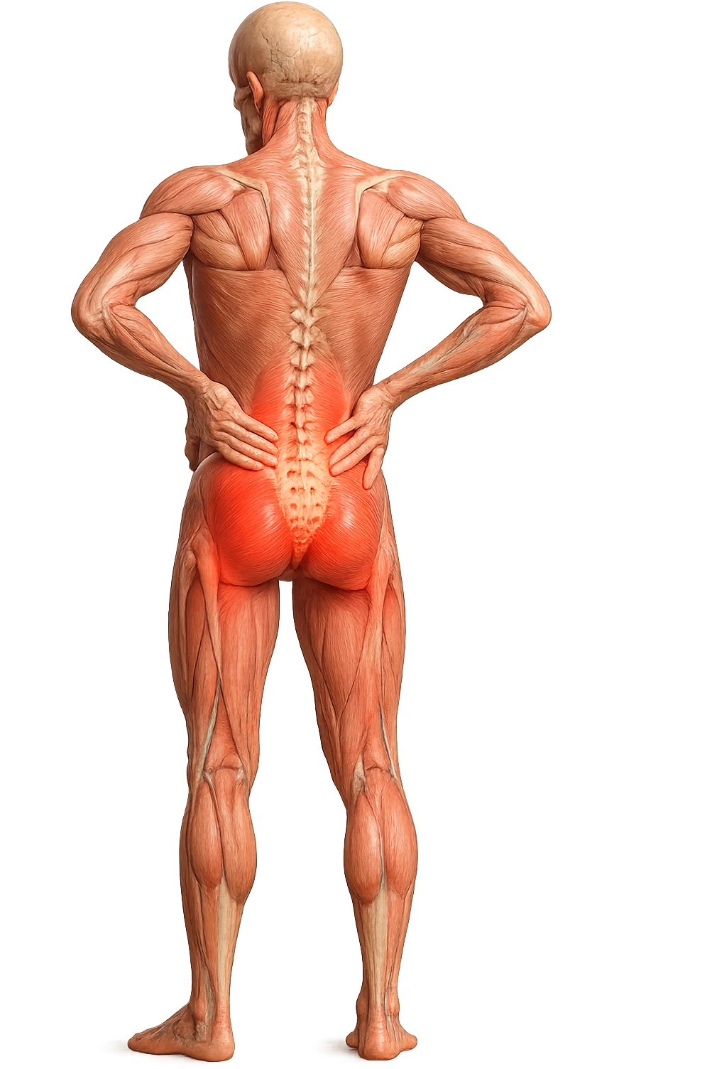 CORPO UMANO ANATOMICO A FIGURA INTERA REALISTICO DI SPALLE CON DOLORE ALLA LOMBARE INFIAMMATA, DOLORE ALL'ANCA, IPERREALISTICO 4K emoji