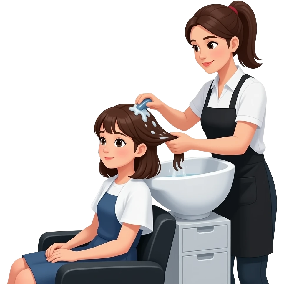 Realistic girl sitting at a hair salon sink while a hairdresser washes her hair, salon interior visible in the background with mirrors and chairs, professional hair salon, natural lighting, realistic style emoji