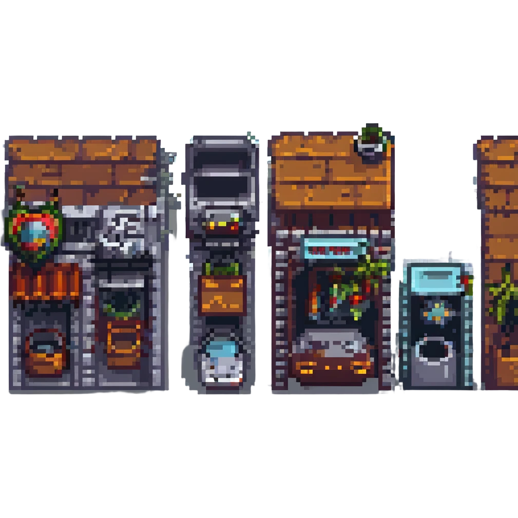 Wide pixel art background of a dark Gotham City street. Empty road with sidewalk, flickering lamppost casting light, trash bins nearby, distant shadowy silhouettes. Tall buildings in the background, moody atmosphere, subtle rain or fog. emoji