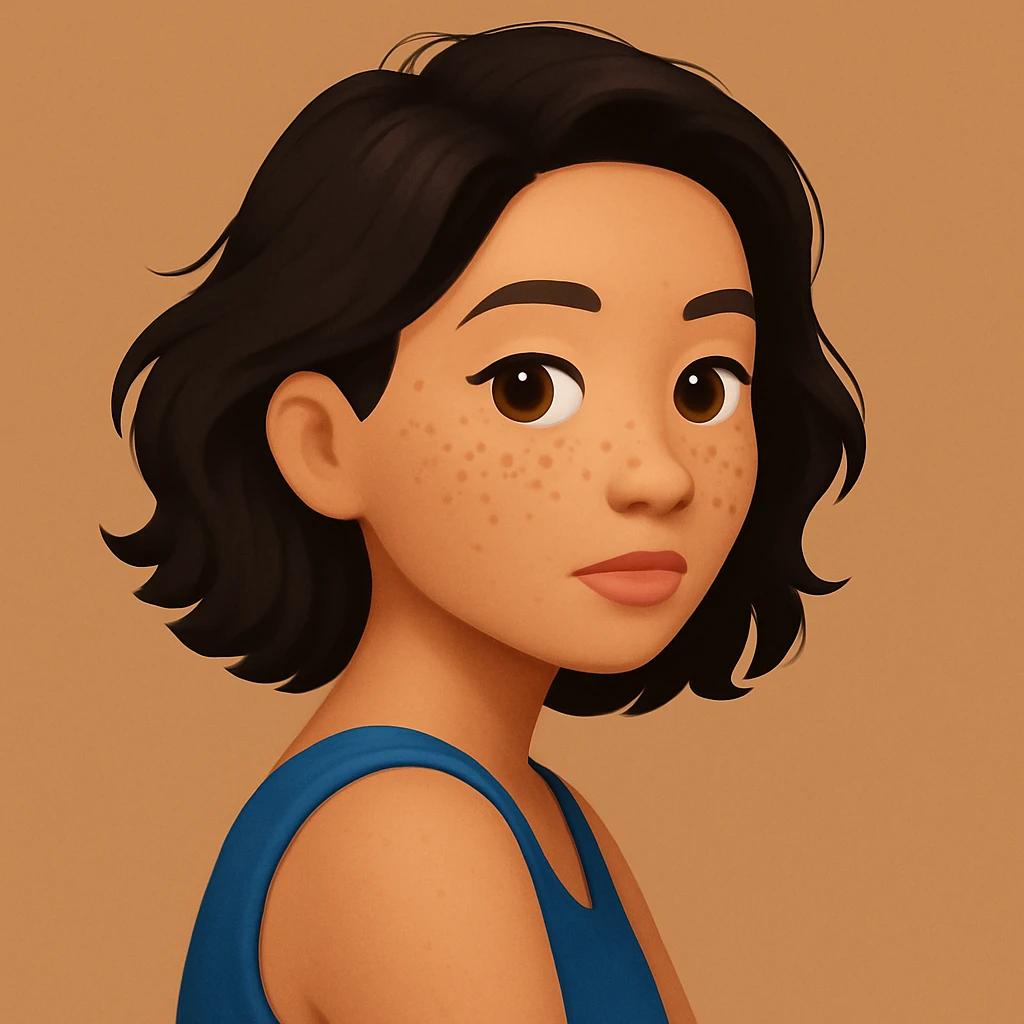 turn the second man in emoji style of the 1st image, match the facial features and match dressing style of the 2nd image, she is wearing blue tank top lose, side pose emoji