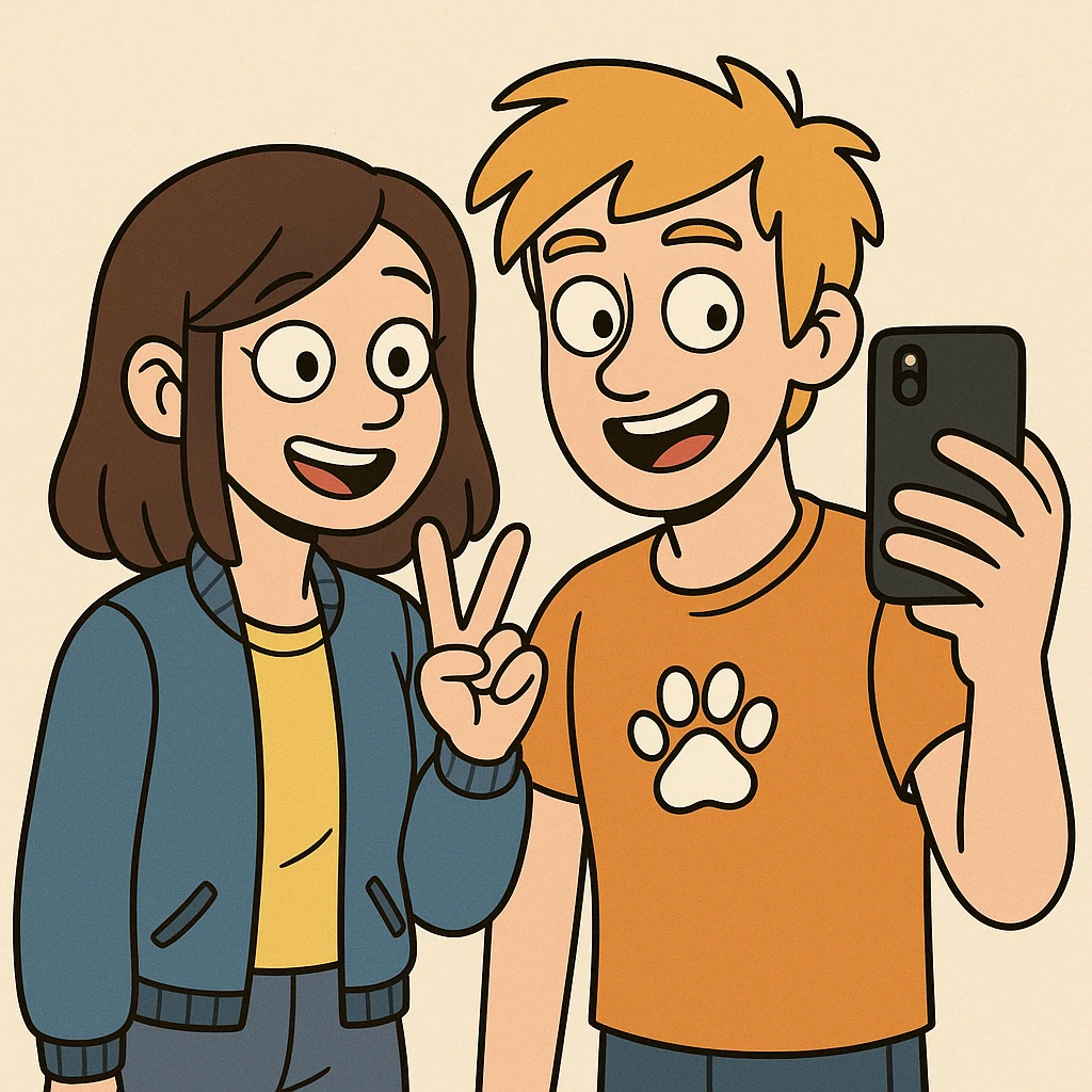 A girl yellow t-shirt blue girls bomber jackets ✌️A boy dark yellow hair Orange T-Shirt white dogs paw 🤳 emoji