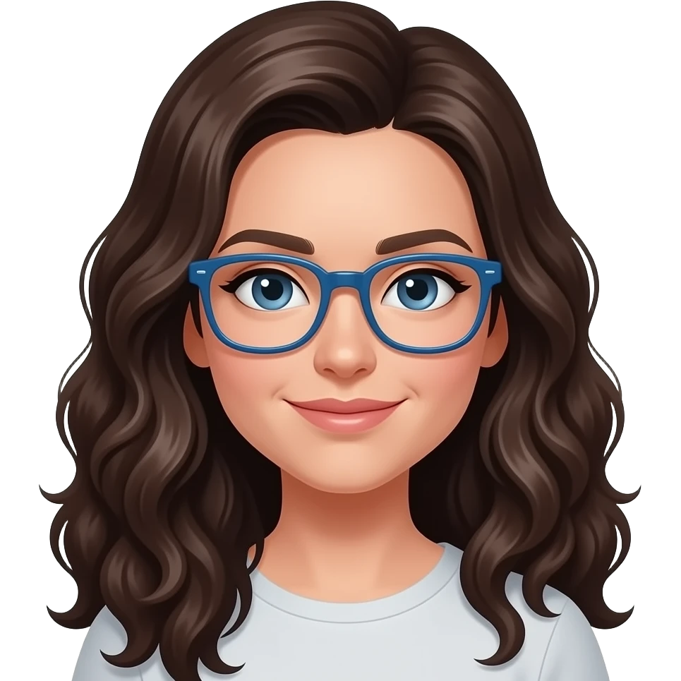 woman peachy white skin, dark brown long curly hair with a little bit of grey hair), blue glasses emoji