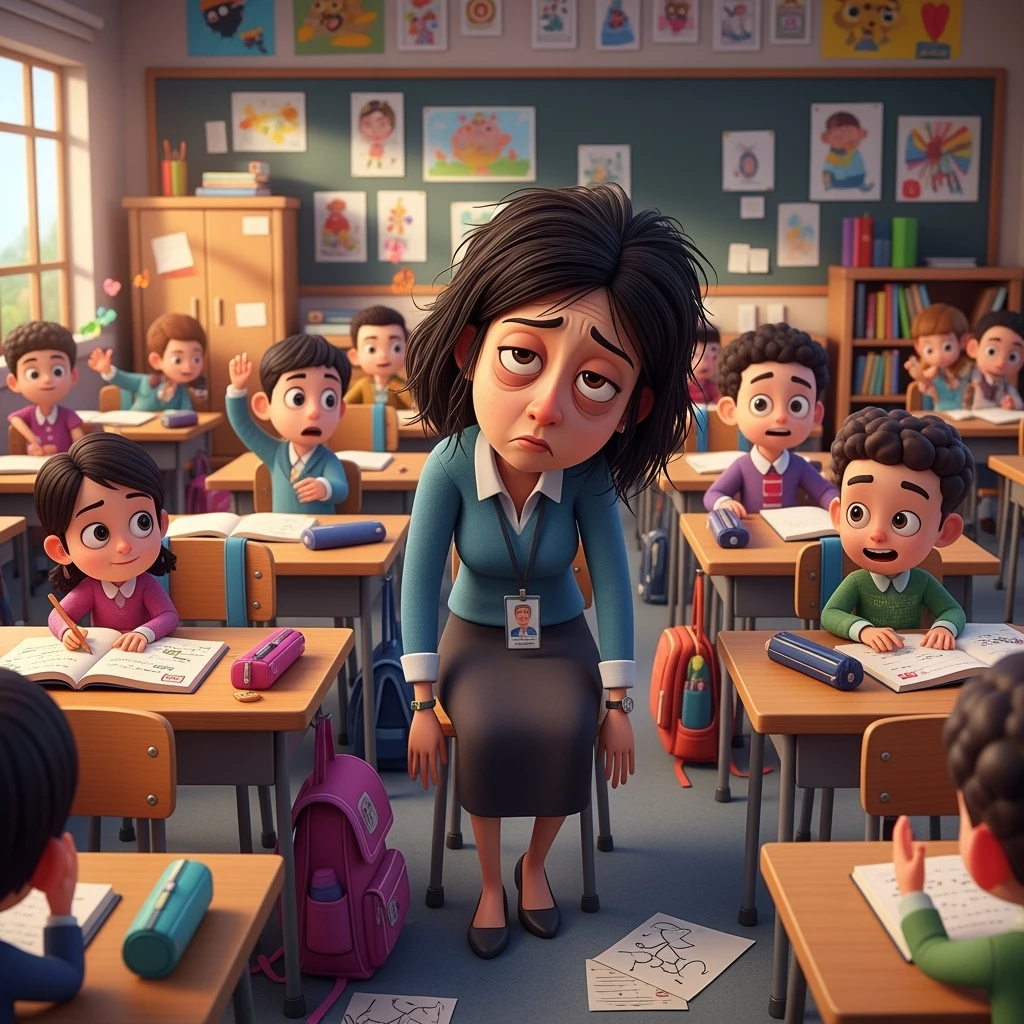 digital 2d cartoon art of a exhausted teacher in a bustling classroom emoji