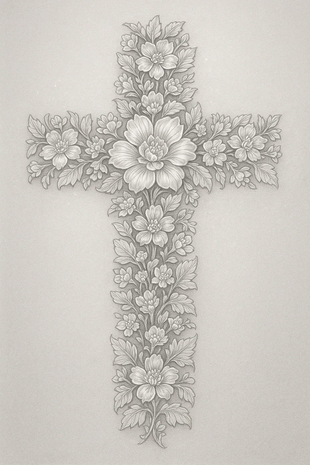 a bright grey flower cross, elaborate design, shimmering highlights, intricate flowers emoji