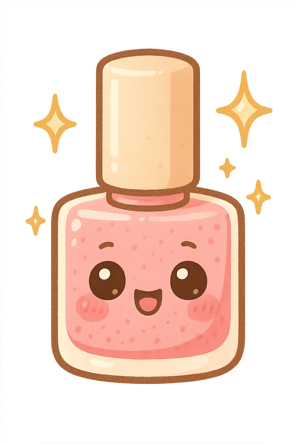 chibi sticker-style nail polish bottle with sparkles, girly, cute and exaggerated emoji