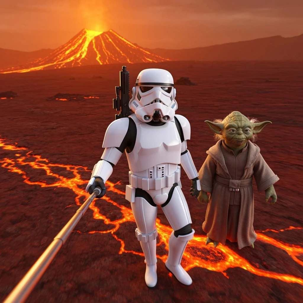 Camera POV, Starwars stormtroopers vlogging selfie, he is walking on lava planet with yoda emoji