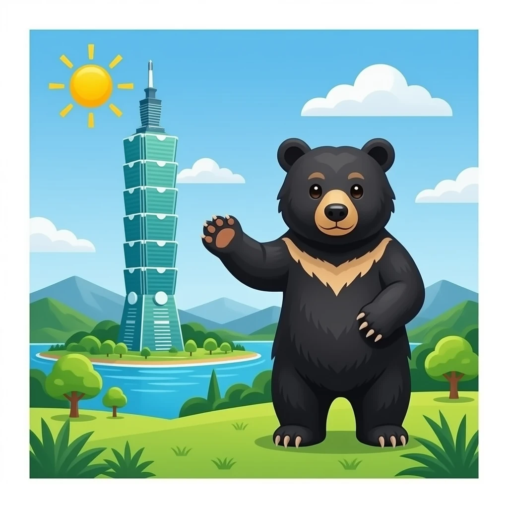 taiwan island with taipei 101 and formosa black bear on greenery emoji